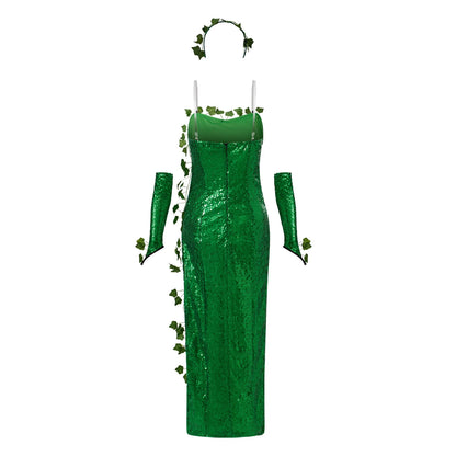 Women's Sexy Halloween Costume Deluxe Green Sequin Ivy Maxi Dress 3 Piece Poisonous Villain Cosplay Costume Set