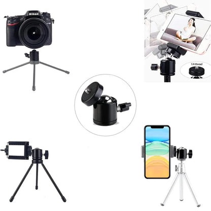 Adaptador de cabezal de cámara para trípode con zapata de 1/4" y orificio para tornillo, cabezal esférico con bloqueo, soporte para flash y luz LED para cámaras DSLR y DV.