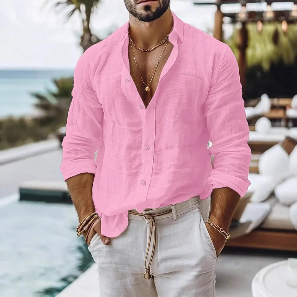 Camisa de lino y algodón para hombre, estilo playero veraniego, color liso, un solo botón, transpirable, ligera y elegante.