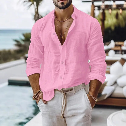 Camisa de lino y algodón para hombre, estilo playero veraniego, color liso, un solo botón, transpirable, ligera y elegante.