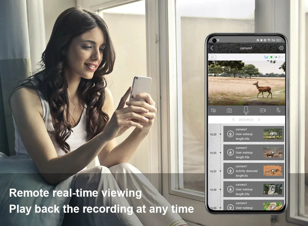1/2 cámara de rastreo celular UCon 4G 2K con energía solar, activación por movimiento (0,2 s), visión nocturna.