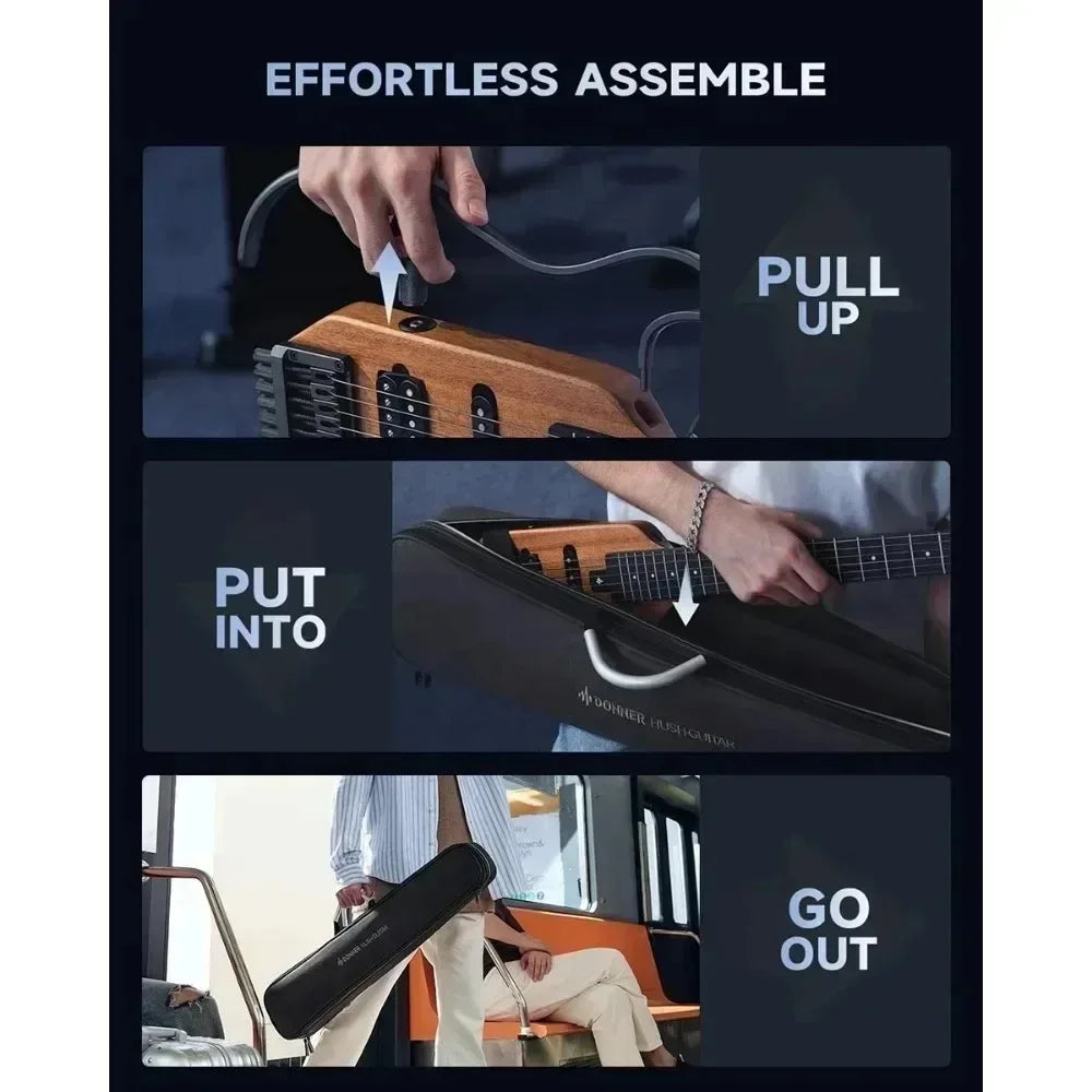 Guitarra acústica de viaje Donner HUSH-X, silenciosa, sin pala, con marcos extraíbles, cuerpo sólido de caoba ultraligero. HUSH X