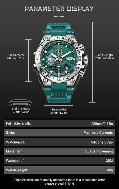 Reloj LIGE para hombre, multifunción, correa de silicona, resistente al agua, luminoso, calendario, moda, deportivo, cuarzo.