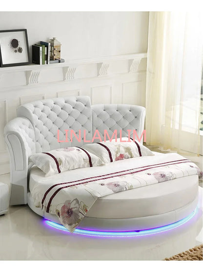 Marco de cama inteligente, camas para dormitorio, camas iluminadas, muebles de dormitorio, luz LED redonda de cuero genuino