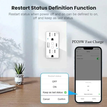 Enchufe inteligente de pared Melery Tuya WIFI para EE. UU. con doble salida, USB tipo C, carga rápida PD de 20 W, cristal, control remoto compatible con Alexa y Google Home.