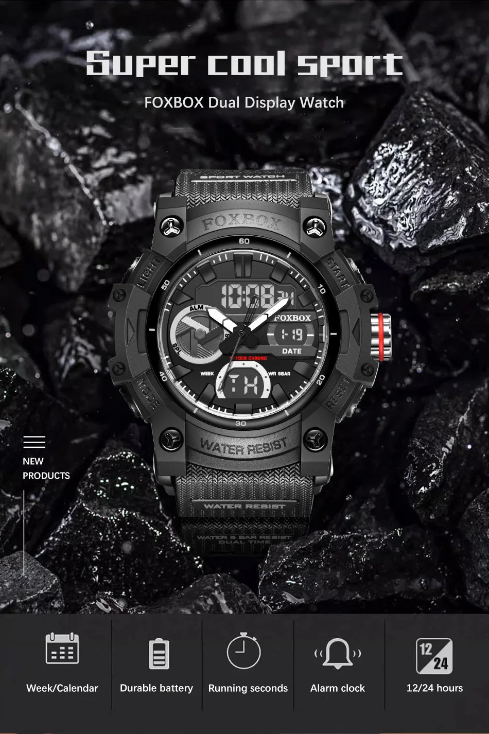 FOXBOX TOP Relojes para hombre, reloj de pulsera de cuarzo, resistente al agua, con pantalla de doble horario, reloj militar para hombre, reloj para hombre + CAJA