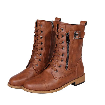 Botines de tacón cuadrado para mujer, botas de trabajo cortas de piel sintética para otoño e invierno, botas elásticas con cordones de talla grande para mujer 2024