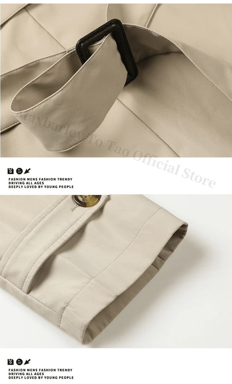 Abrigo largo Maxbarley para hombre, estilo gabardina, marca coreana, color liso, con cinturón, colección otoño 2025. Nuevo diseño de chaqueta cortavientos de un solo botón.
