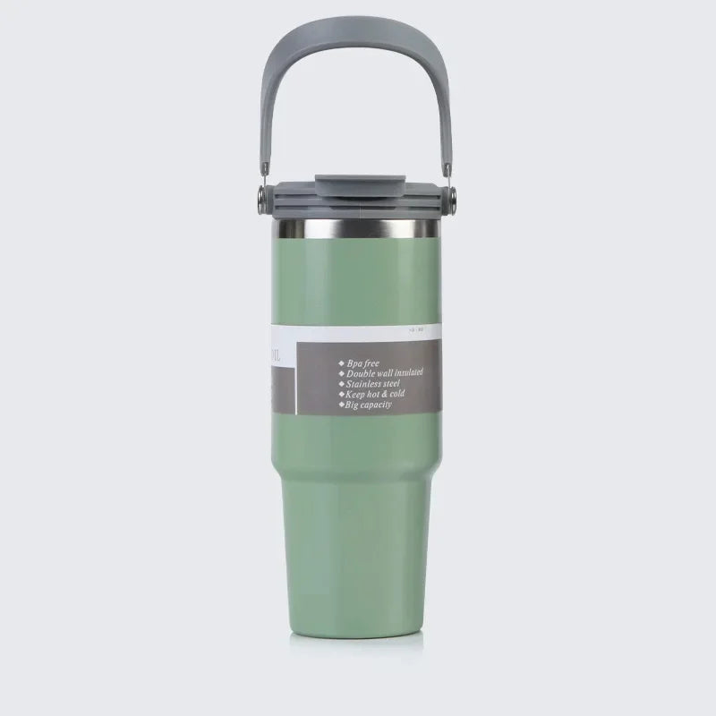 Vaso portátil de acero inoxidable de 30 oz con aislamiento para coche, con pajita y doble pajita para bebidas frías, ideal para usar en el vehículo.