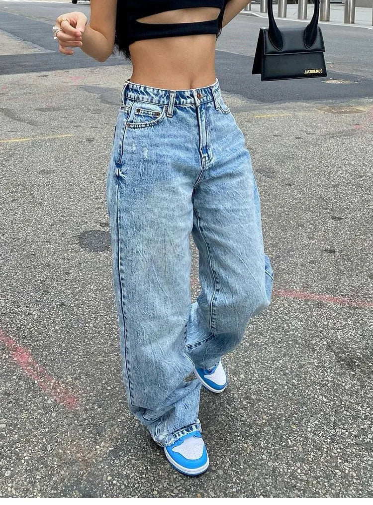 Pantalones vaqueros de mujer de longitud completa, de mezclilla desgastada lisa, rectos, con bolsillos, holgados, informales, de cintura media, básicos, con cremallera y cierre de cremallera, lavado plano