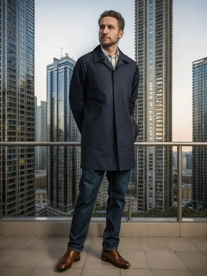 Chaqueta informal para hombre, otoño 2024, gabardina larga, color liso, solapa, corte ajustado, cárdigan de un solo botón, estilo casual y elegante.