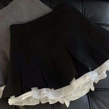 Minifalda negra con volantes Mooyufon para mujer, estilo coreano, con diseño de patchwork, plisada, estilo japonés kawaii, de cintura alta, combina con todo, estilo línea A, nueva