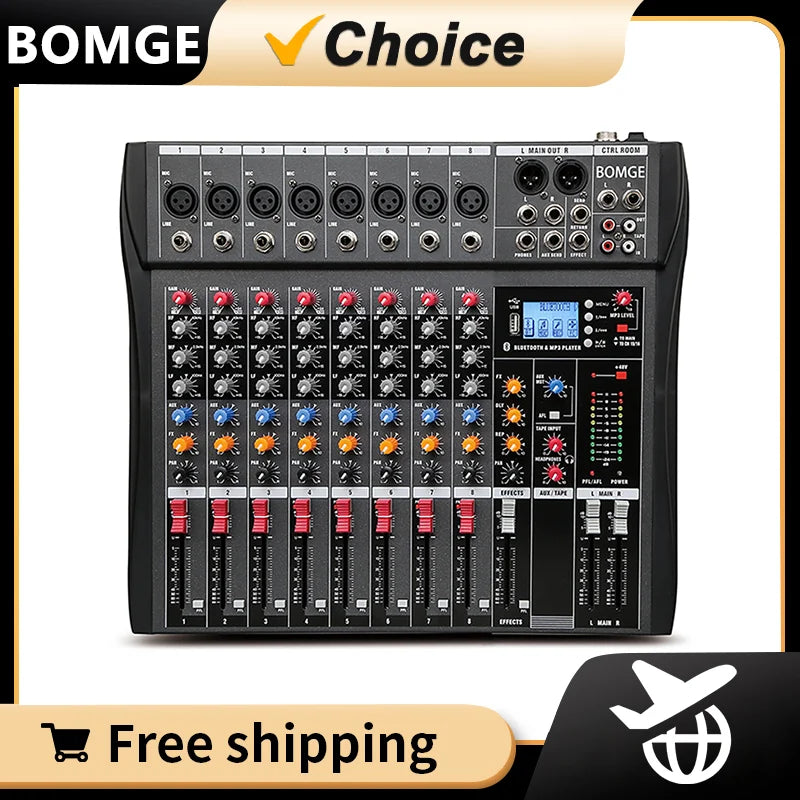 Mezclador de audio BOMGE de 8 canales, consola de mezcla de sonido con Bluetooth, entrada de grabación USB para PC, conector de micrófono XLR, alimentación de 48 V