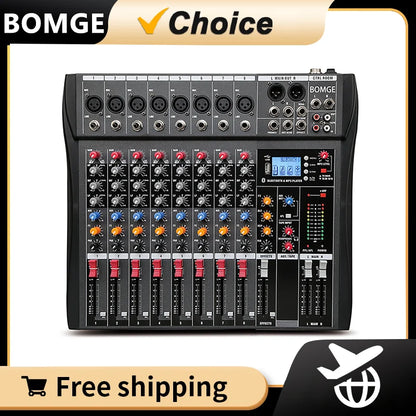 Mezclador de audio BOMGE de 8 canales, consola de mezcla de sonido con Bluetooth, entrada de grabación USB para PC, conector de micrófono XLR, alimentación de 48 V