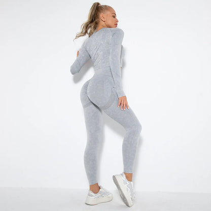 Conjunto de Yoga para Mujer de Alta Calidad, Sin Costuras, 2 Piezas, Camiseta Deportiva de Manga Larga con Color Degradado y Leggings Cortos, Ropa Deportiva para Mujer, 2 Piezas