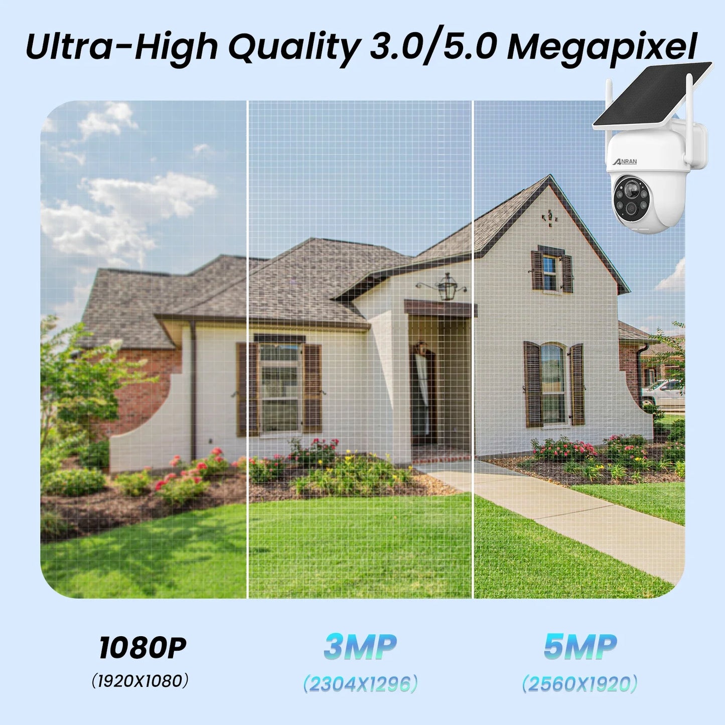 Cámara solar ANRAN 2K 3/5MP 2.4G Wifi, vigilancia y seguridad para el hogar, con batería, detección PIR y audio bidireccional.