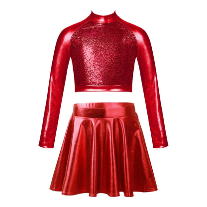 Ropa para niños, blusas sin mangas metálicas para niñas, minifalda plisada acampanada, conjunto de 2 piezas para niños, ropa de baile