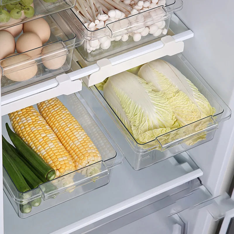 Caja de almacenamiento de alimentos tipo cajón para refrigerador, máquina para envasar frutas, soporte para estantes, contenedor deslizante de plástico para cocinar