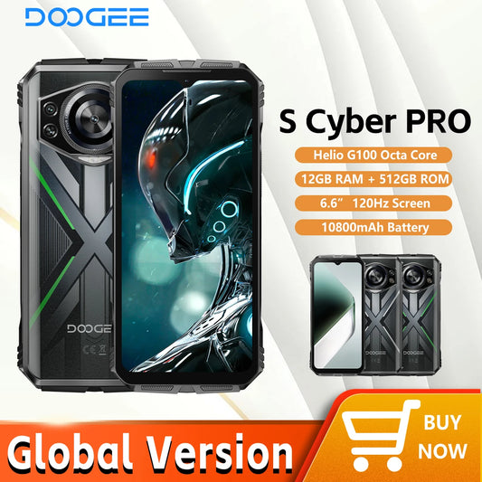 Teléfono resistente DOOGEE S Cyber ​​Pro, 12 GB de RAM, 512 GB de almacenamiento, procesador Helio G100, pantalla IPS FHD+ de 6,6" y 120 Hz, batería de gran capacidad de 10800 mAh, carga de 33 W y NFC.