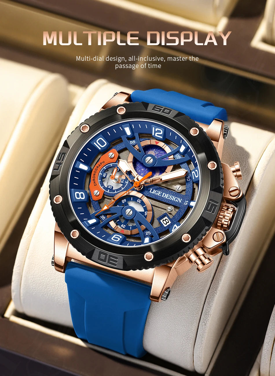 Reloj deportivo LIGE para hombre, de primera marca, de silicona, de lujo, con cronógrafo, esfera pequeña, función de cuarzo, resistente al agua, luminoso.