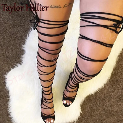 Sandalias de verano para mujer, por encima de la rodilla, botas, punta abierta, punta redonda, tacones de aguja, fiesta, elegantes, sexys, con cordones