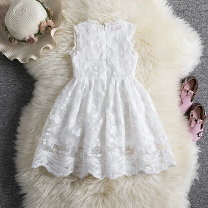 Vestido informal de verano para niñas, sin mangas, bordado, de princesa, color blanco, para vacaciones.