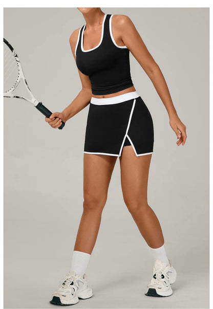 Conjunto de falda de yoga para mujer, conjunto deportivo de tenis, camiseta sin mangas deportiva de secado rápido, ropa de yoga de cintura alta antiexposición, ropa deportiva de fitness para yoga