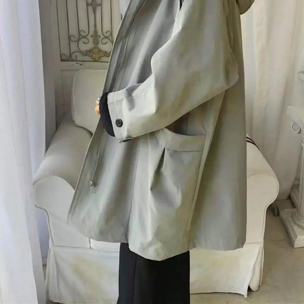 Abrigo cortavientos para hombre con capucha, manga larga, cierre de cremallera, bolsillos, color liso, corte holgado, largo medio.