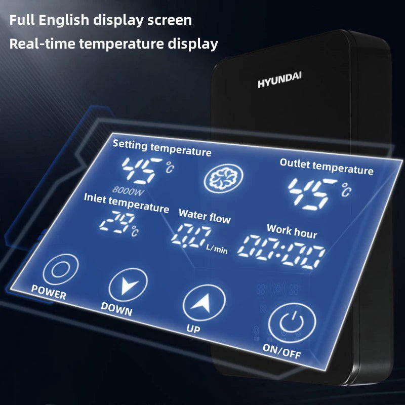 Calentador de agua eléctrico pequeño HYUNDAI con calentamiento rápido e instantáneo, temperatura constante inteligente y pantalla en inglés para ducha o baño.