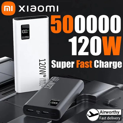 Banco de energía Xiaomi de 500.000 mAh, alta capacidad, 120 W, carga rápida, cargador externo portátil para iPhone y Samsung.