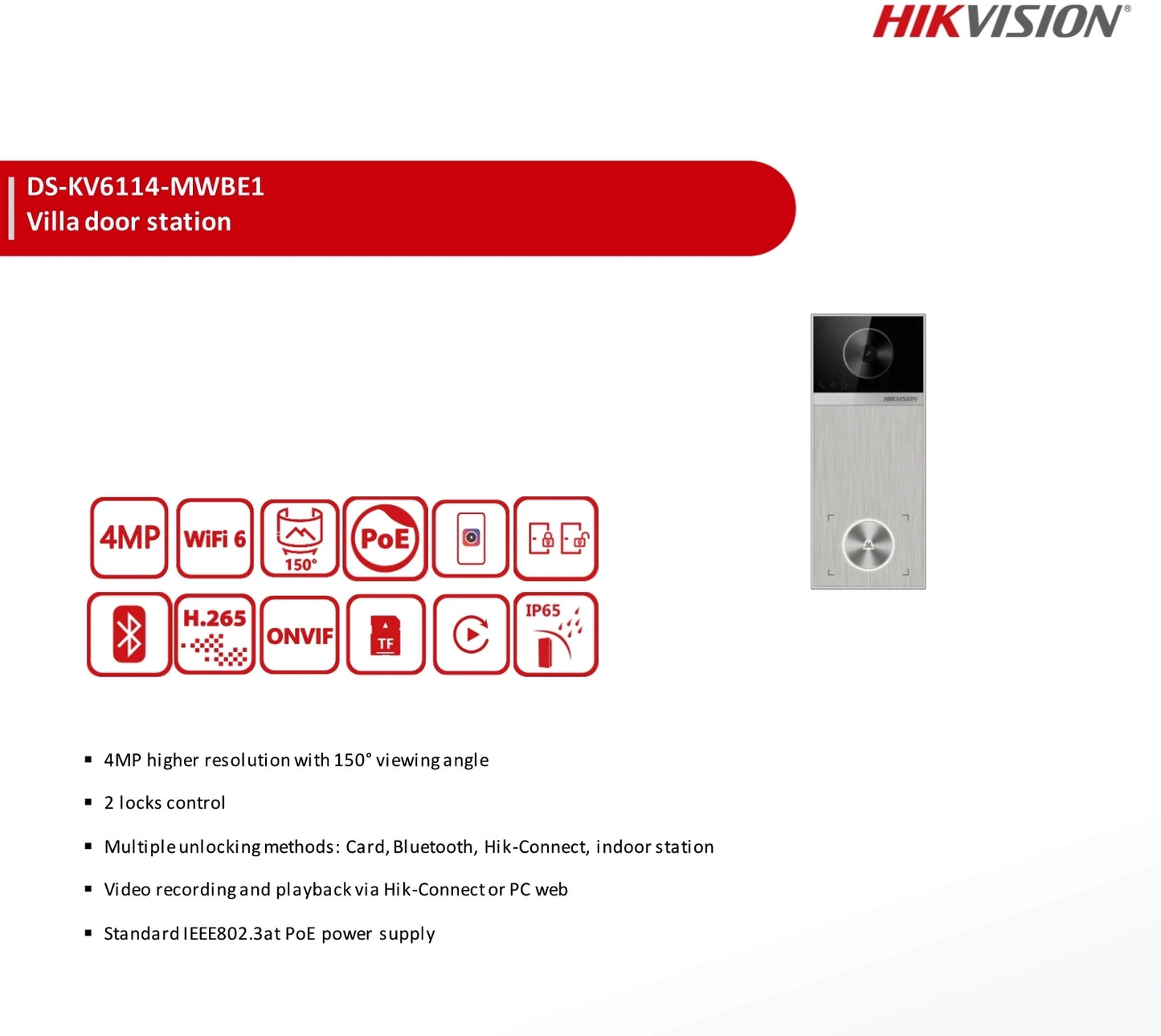¡Nuevo! Timbre inteligente Hikvision DS-KV6114-MWBE1 de 4 MP con tarjeta Bluetooth y aplicación Hik-Connect. Estación interior con acceso PoE y WiFi.