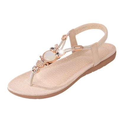 Sandalias planas bohemias de verano nuevas, informales, con cuentas de búho y clip en la punta, para mujer, parte superior de goma, suaves, cómodas y resistentes al desgaste.