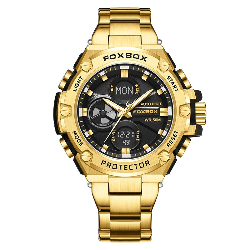 FOXBOX Relojes deportivos de lujo para hombre, reloj de pulsera de cuarzo de lujo, acero, resistente al agua, doble pantalla, relojes militares para hombre, reloj hommes