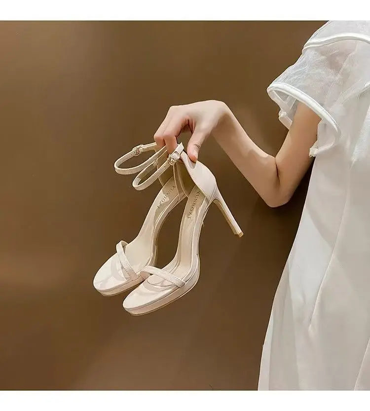 Sandalias elegantes y sexys de tacón alto para mujer, zapatos de verano con punta abierta, suela de goma y punta redonda, estilo coreano, 2025