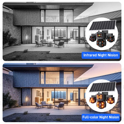 Cámara solar inalámbrica WiFi DIFANG V380 Pro para exteriores con tres pantallas, tarjeta SIM 4G y batería. Sistema de videovigilancia solar con tres lentes y batería.