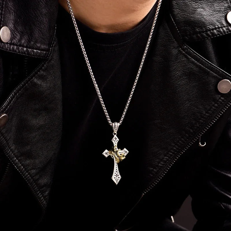 Collar con colgante de cruz y corona punk para hombre, estilo retro hip hop, de cobre, para parejas, cadena de suéter, accesorios de joyería, regalo festivo.