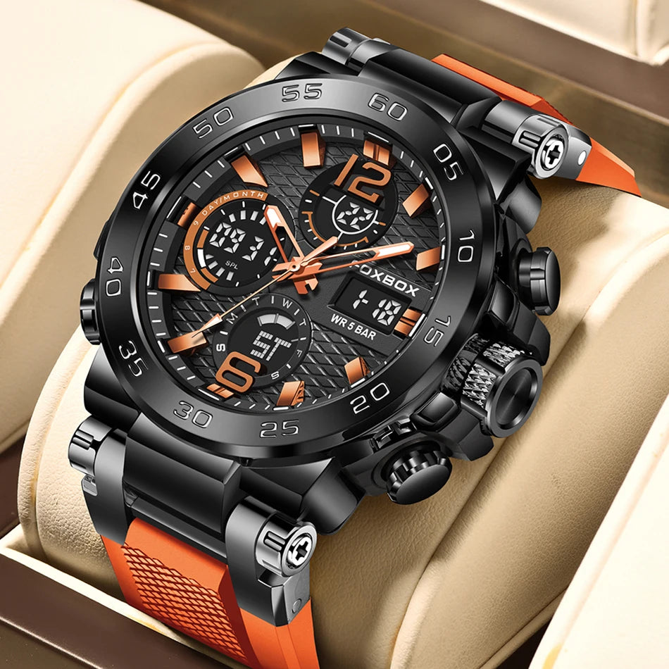 FOXBOX - Nuevo reloj deportivo para exteriores para hombre, reloj analógico digital de moda para negocios, reloj de pulsera de cuarzo con alarma resistente al agua y de silicona.