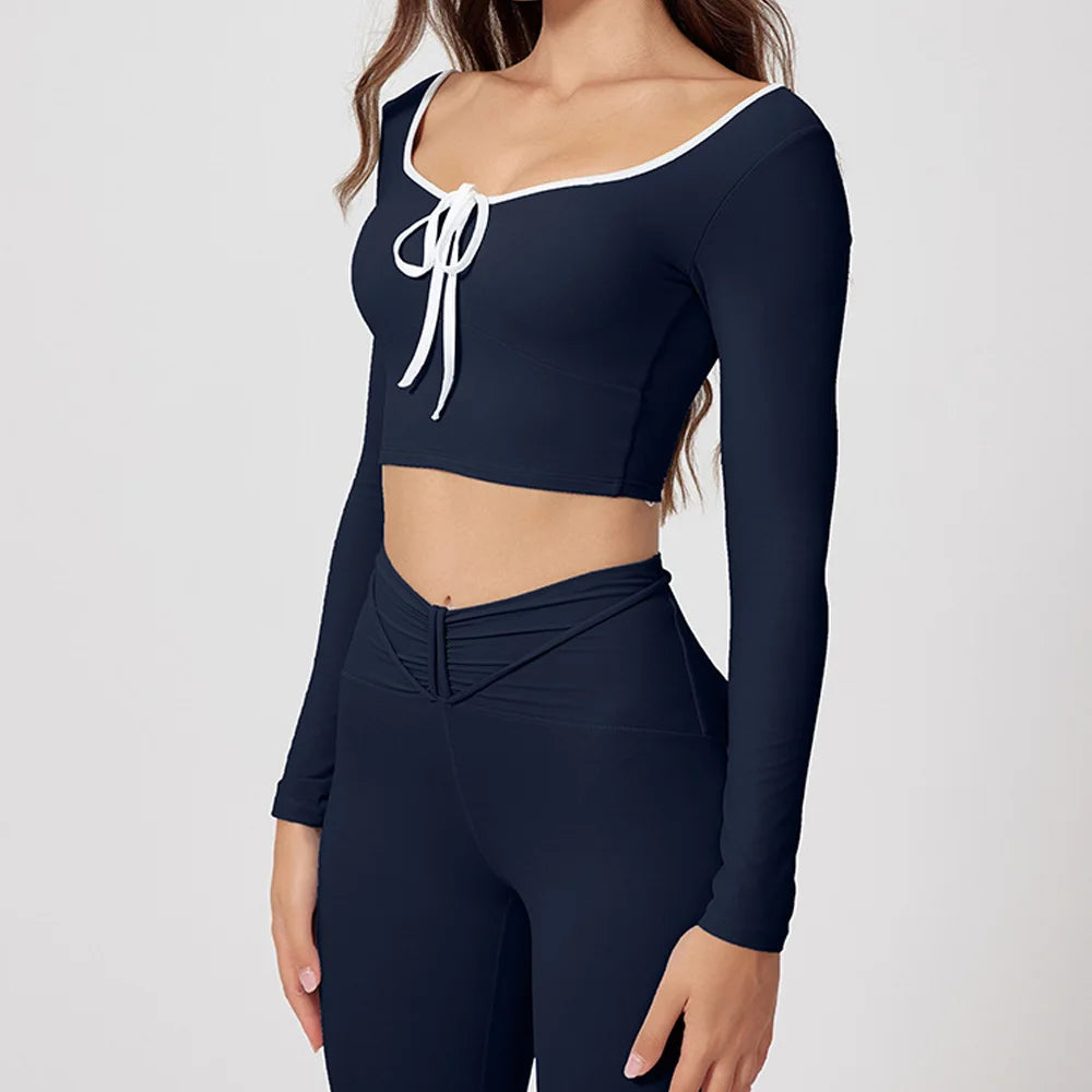 Conjunto de yoga para mujer: camiseta de manga larga, ropa deportiva, top corto, leggings de cintura alta y conjunto deportivo.
