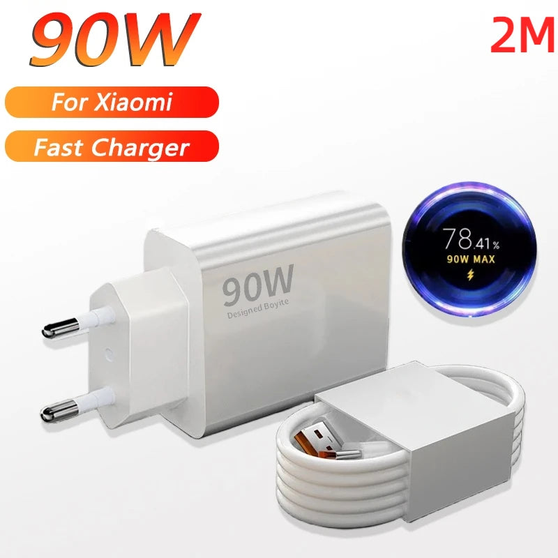 Cargador Xiaomi de 90 W, carga rápida y eficiente, adaptador de corriente de pared con turbocompresor, cable tipo C de 1/1,5/2 m y 6 A para Mi 15, 14 Ultra Pro, POCO X7 y X6