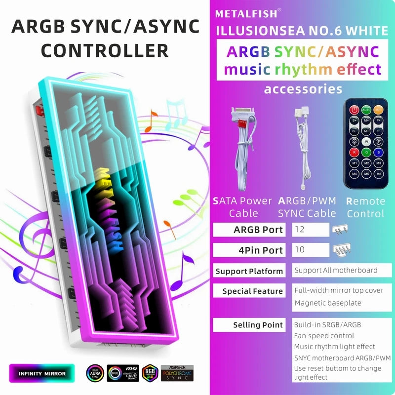 METALFISH Divisor de ventilador ARGB con PWM de 4 pines para refrigeración de ordenador, radiador de CPU SYNC, tira de luces LED de 5 V y 3 pines, mando a distancia