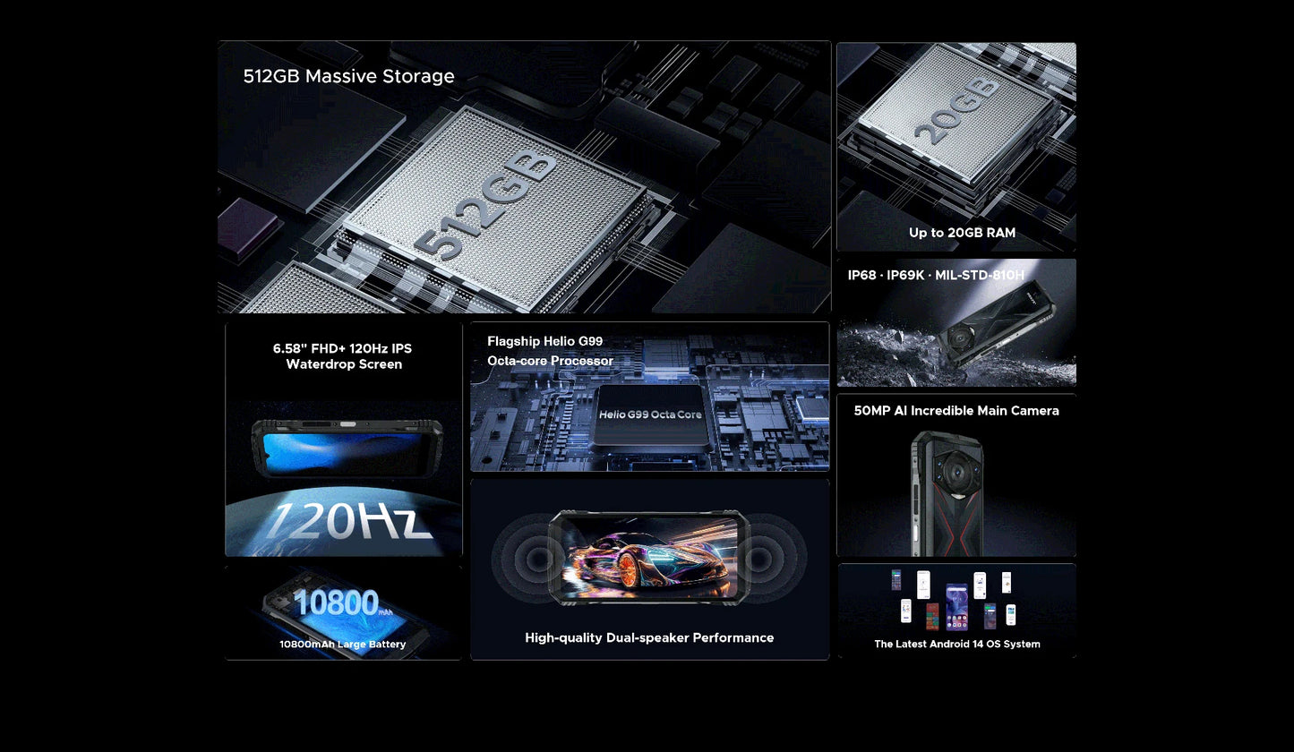 Smartphone robusto DOOGEE S118 de 8 GB y 512 GB, pantalla FHD+ de 6,58", Helio G99, cámara IA de 50 MP, 10800 mAh, Android 14, NFC, 4G.