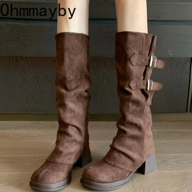 Botas vintage para mujer, con hebilla de cinturón extraíble, para otoño e invierno, con tacón grueso, elegantes y largas.