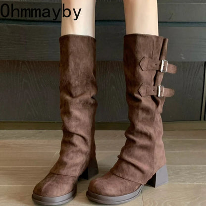 Botas vintage para mujer, con hebilla de cinturón extraíble, para otoño e invierno, con tacón grueso, elegantes y largas.