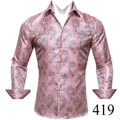 Camisas clásicas negras estampadas y bordadas para hombre, solapa de seda, manga larga, corte formal exquisito, ideales para eventos de negocios y fiestas. Barry.Wang CY-0407