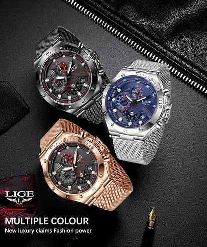 LIGE - Reloj de cuarzo de lujo para hombre, marca superior, moderno, de negocios, con correa de malla, resistente al agua, luminoso, cronógrafo
