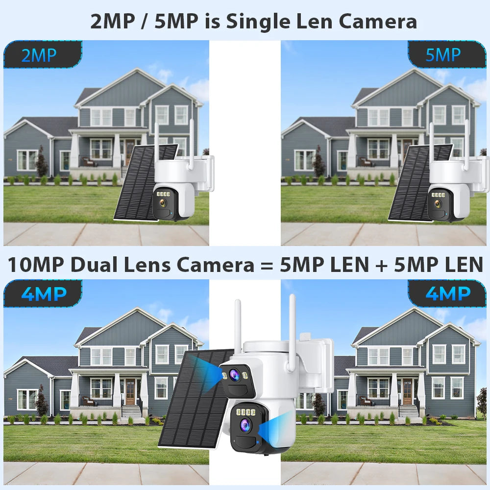 Cámara de seguridad exterior inalámbrica WiFi solar de 10 MP y 5K con doble lente, doble pantalla, seguimiento automático y zoom digital 5X. Incluye doble lente y doble pantalla.