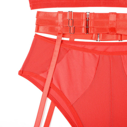 Conjunto de lencería sexy para mujer, con panel de encaje, escote en V profundo, glúteos abiertos, tirantes con forma de corazón de melocotón, cadena cruzada, liguero, ropa interior de tres piezas
