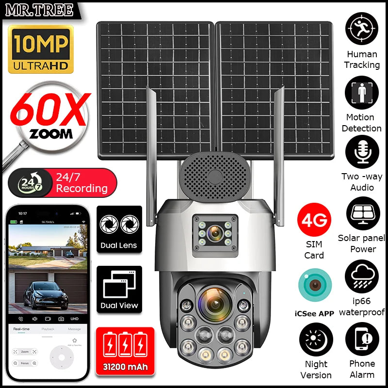Cámara de vigilancia solar exterior iCsee 4G de 25 W, resolución 4K, zoom óptico 60X, seguimiento automático, batería de 31200 mAh, grabación continua 24/7, cámara IP de seguridad PTZ.