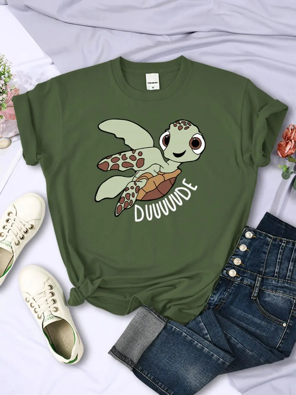 Camisetas sencillas para mujer, con estampado de letras de tortuga de dibujos animados, camisetas cómodas y suaves con cuello redondo, ropa informal de verano para mujer