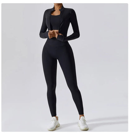 Conjunto de yoga de 3 piezas para mujer, conjuntos de entrenamiento, ropa deportiva para gimnasio, ropa deportiva con cremallera, leggings de manga larga y cintura alta, trajes deportivos, traje de yoga
